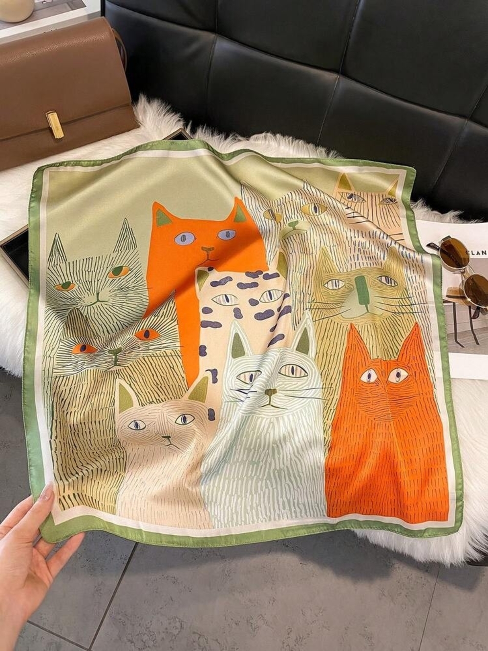 Silk-feel Cat Print Silk Scarf in Green and Orange Head, Neck 70*70cm